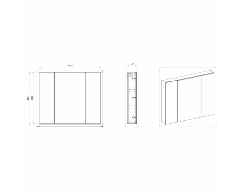 Technische Zeichnung eines Spiegelschranks mit drei Türen und Maßangaben