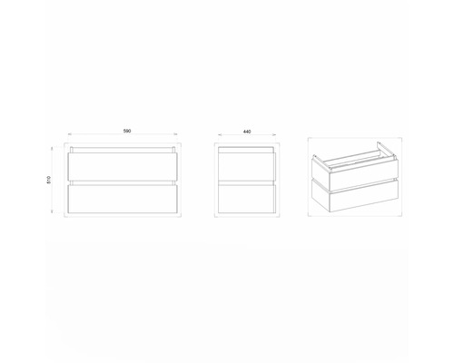 Zeichnung eines Waschtischunterschranks mit Maßangaben
