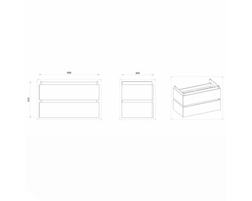 Technische Zeichnung eines Waschtischunterschranks mit Maßen.
