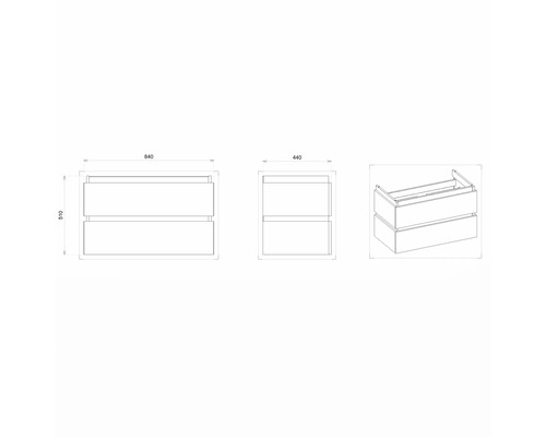 Technische Zeichnung eines Waschtischunterschranks mit zwei Schubladen und Maßangaben