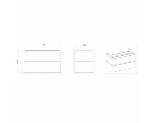 Zeichnung eines Waschtischunterschranks mit Maßangaben