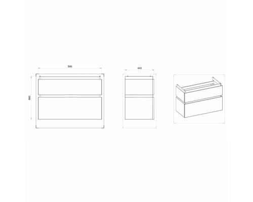 Zeichnung eines Waschtischunterschranks mit Abmessungen