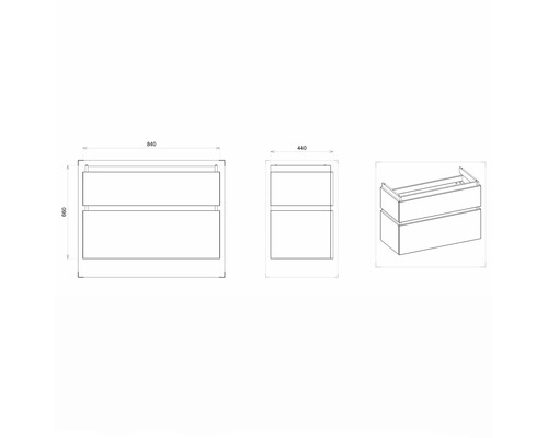 Technische Zeichnung eines Waschtischunterschranks mit Maßen.