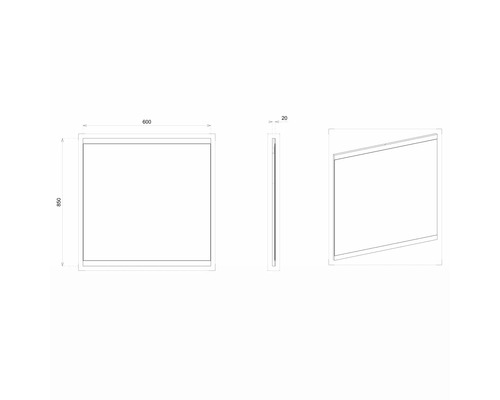 Technische Zeichnung eines Spiegels mit den Maßen 600 x 850 mm