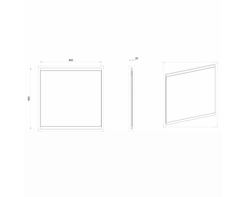 Technische Zeichnung eines Spiegels mit den Maßen 850 x 850 x 20 Millimeter.