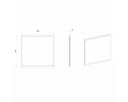 Produktzeichnung eines Spiegels mit den Maßen 1000 x 850 x 20 mm.