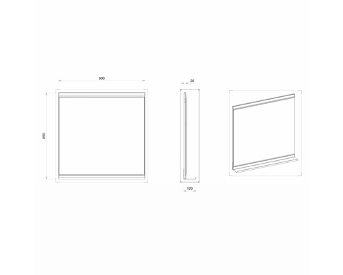Technische Zeichnung eines Spiegelschranks mit den Maßen 600 x 850 x 120 Millimeter.
