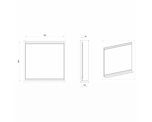 Technische Zeichnung eines Spiegels mit Maßangaben.