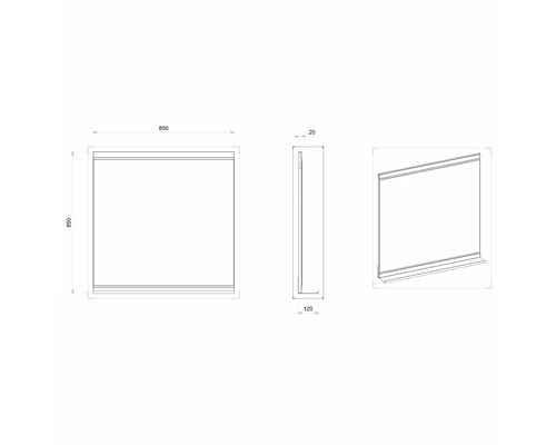 Technische Zeichnung eines Spiegels mit Maßangaben.