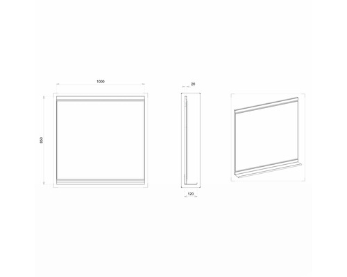 Technische Zeichnung eines Spiegels mit den Maßen 1000 x 850 x 20 Millimeter