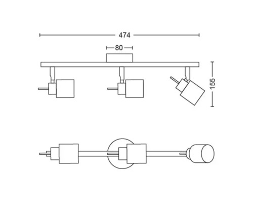 Technische Zeichnung einer Deckenleuchte mit drei Strahlern und Maßangaben