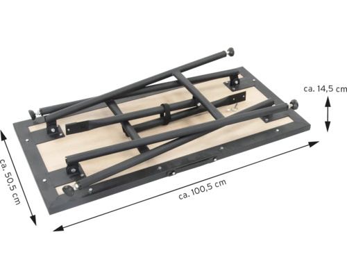 Zusammengeklappter Multifunktionstisch mit Abmessungen von circa 50,5 cm x 100,5 cm x 14,5 cm