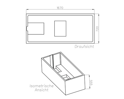 Technische Zeichnung einer Badewanne mit Maßangaben
