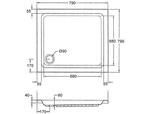 Technische Zeichnung einer Duschwanne mit Maßangaben