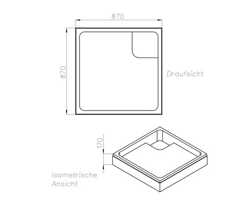 Technische Zeichnung einer Duschwanne mit den Maßen 870 x 870 mm und einer Höhe von 170 mm.
