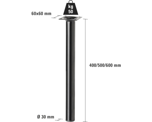 Tischbein aus Metall mit einer Traglast von 50 Kilogramm und den Maßen 400, 500 oder 600 Millimeter.