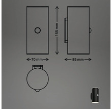 Technische Zeichnung einer Außenleuchte mit den Maßen 155 mm Höhe, 70 mm Breite und 85 mm Tiefe.