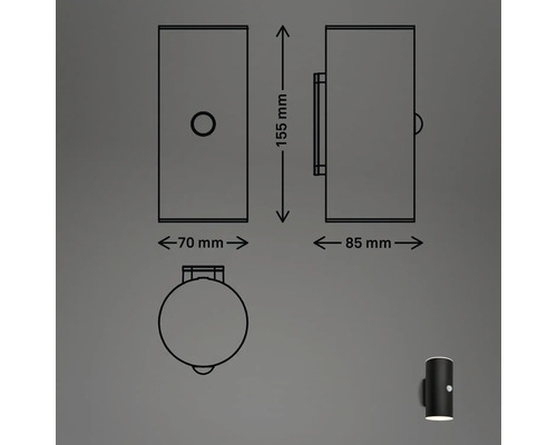 Technische Zeichnung einer Außenleuchte mit den Maßen 155 mm Höhe, 70 mm Breite und 85 mm Tiefe.