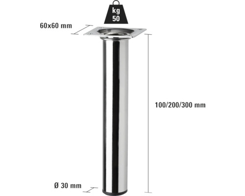 Möbelfuß aus Metall, 100, 200 oder 300 Millimeter hoch und bis 50 Kilogramm belastbar