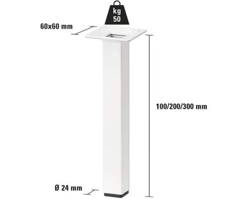 Einzelnes Möbelfuß Detail mit Abmessungen und Gewichtsangabe