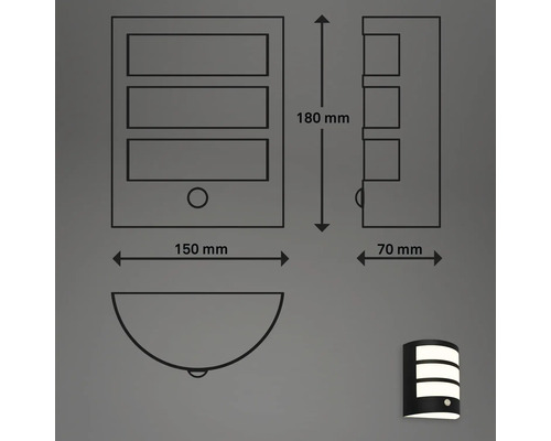 Technische Zeichnung einer Außenleuchte mit den Maßen 180 mm Höhe, 150 mm Breite und 70 mm Tiefe.
