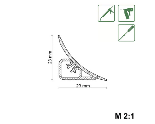 Profilleiste mit den Maßen 23 mm x 23 mm und Symbolen für Kartuschenpistole, Nagelpistole und Schraubendreher