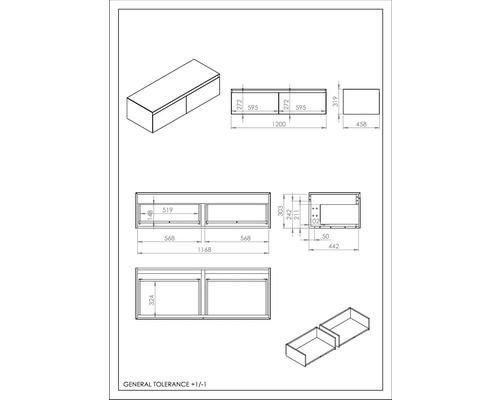 Technische Zeichnung eines Unterschranks mit Maßen