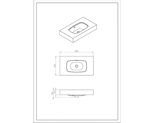 Zeichnung eines Waschtischs mit Abmessungen.