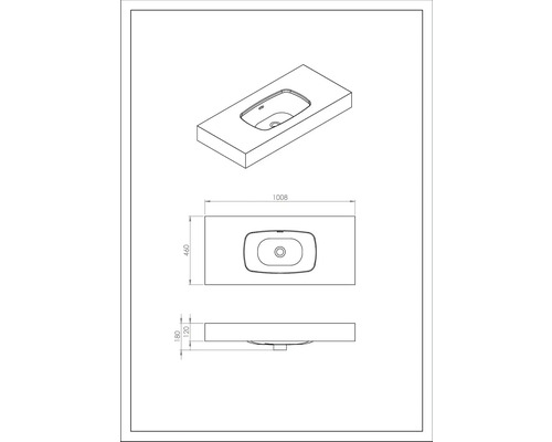 Zeichnung eines Waschtischs mit den Maßen 1008 x 460 x 180 Millimeter.