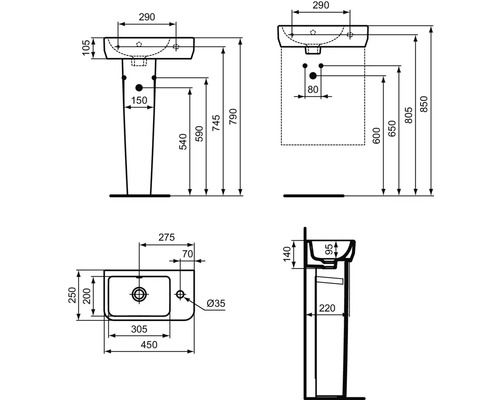 Technische Zeichnung eines Waschbeckens mit Maßen.