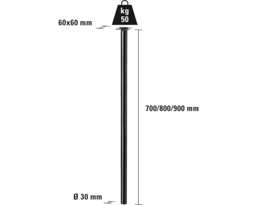 Produktdarstellung eines Tischbeins mit den Maßangaben 60x60 mm, 700/800/900 mm und Durchmesser 30 mm. Die Belastbarkeit beträgt 50 Kilogramm.