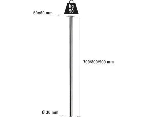 Produktdarstellung eines Tischbeins mit den Maßangaben 60 x 60 Millimeter, 30 Millimeter Durchmesser und 700, 800 oder 900 Millimeter Länge.