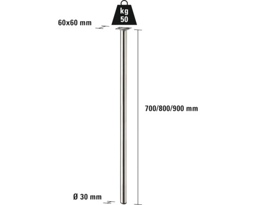 Tischbein aus Metall, Durchmesser 30 Millimeter, Länge 700, 800 oder 900 Millimeter, Traglast 50 Kilogramm