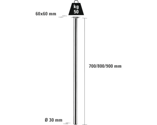 Zeichnung eines Tischbeins mit den Maßen 60 x 60 Millimeter, Durchmesser 30 Millimeter und einer Länge von 700, 800 oder 900 Millimeter