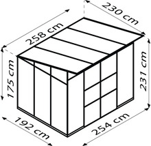 Illustration eines Gerätehauses mit Größenangaben in Zentimetern