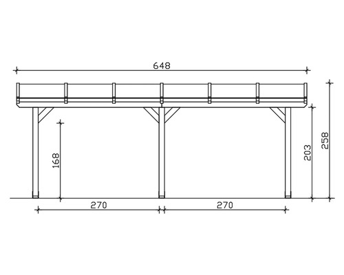 Technische Zeichnung einer Holzpergola mit Maßangaben