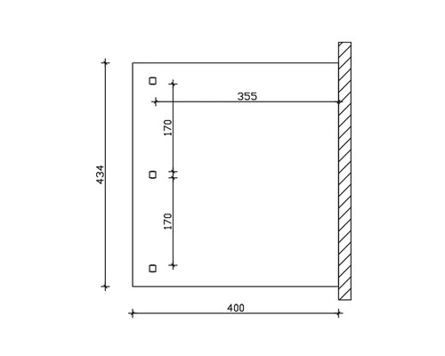 Technische Zeichnung mit Maßangaben für ein Produkt: Höhe 434, Breite 400, Tiefe 355, Abstand der Bohrlöcher 170