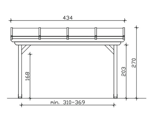 Technische Zeichnung eines Carports mit den Maßen 434, 270, 203 und minimal 310 bis 369