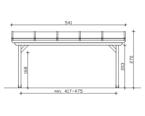 Technische Zeichnung eines Unterstandes mit Maßangaben