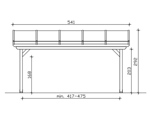 Technische Zeichnung eines Holzcarports mit Maßangaben