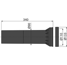 Technische Zeichnung eines Rohres mit den Maßen Durchmesser 90 mm, Durchmesser 110 mm, Durchmesser 133 mm und Länge 340 mm.