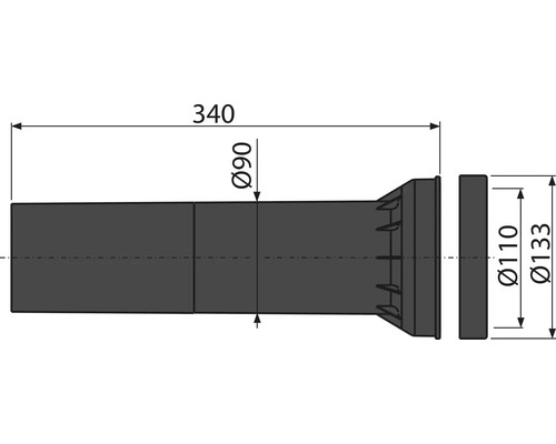 Technische Zeichnung eines Rohres mit den Maßen Durchmesser 90 mm, Durchmesser 110 mm, Durchmesser 133 mm und Länge 340 mm.