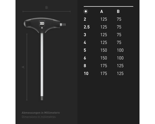 Abmessungen eines Innensechskant-Schraubendrehers mit T-Griff und Größentabelle