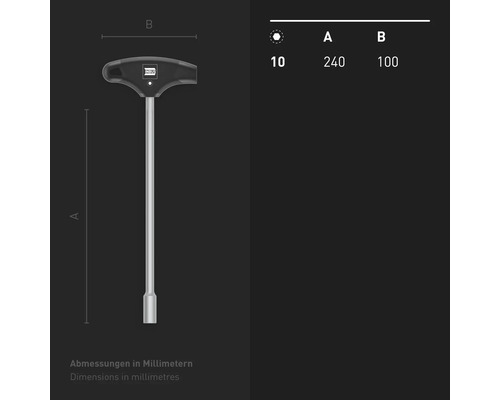 T-Griff Steckschlüssel mit den Maßen 240 mal 100 Millimeter