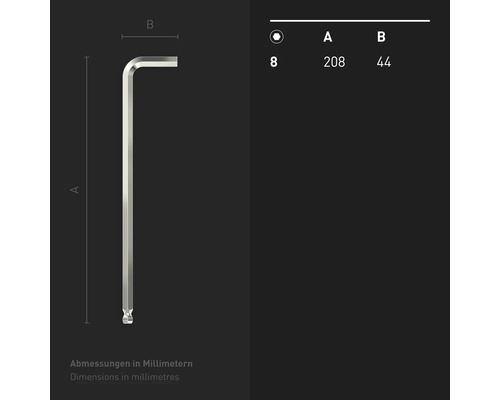 Abbildung eines 8 Millimeter Kugelkopf-Winkelschlüssels mit Maßangaben