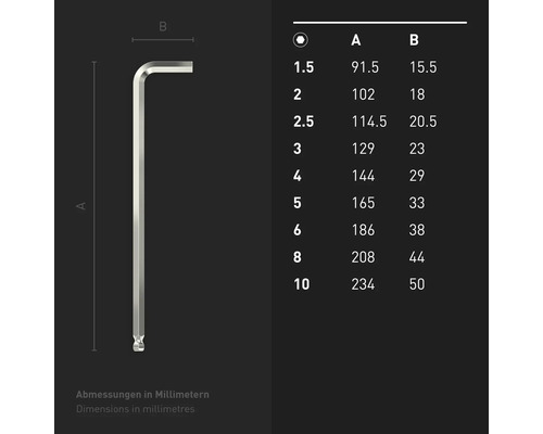 Abbildung eines Innensechskantschlüssels mit Maßangaben in Millimetern