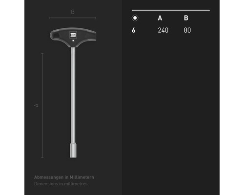 T-Griff Steckschlüssel mit den Massen 240 mm und 80 mm.