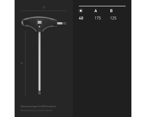 Abbildung eines Torx-Schlüssels Größe 40 mit T-Griff und Maßangaben