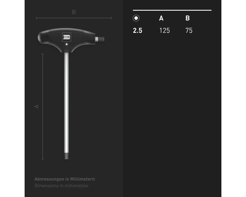 Innensechskantschlüssel T-Griff, Größe 2.5 mit Maßangaben