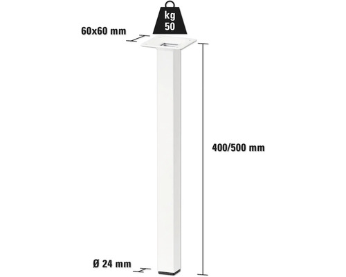 Technische Zeichnung eines Möbelbeins mit den Maßen 60x60 mm, Durchmesser 24 mm und einer Höhe von 400 bis 500 mm, Belastbarkeit 50 kg.